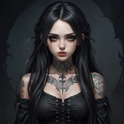 Prompt: Anime gothic girl long  hair broken fantasy art with tattoos realistic dark background  standing fantasy art