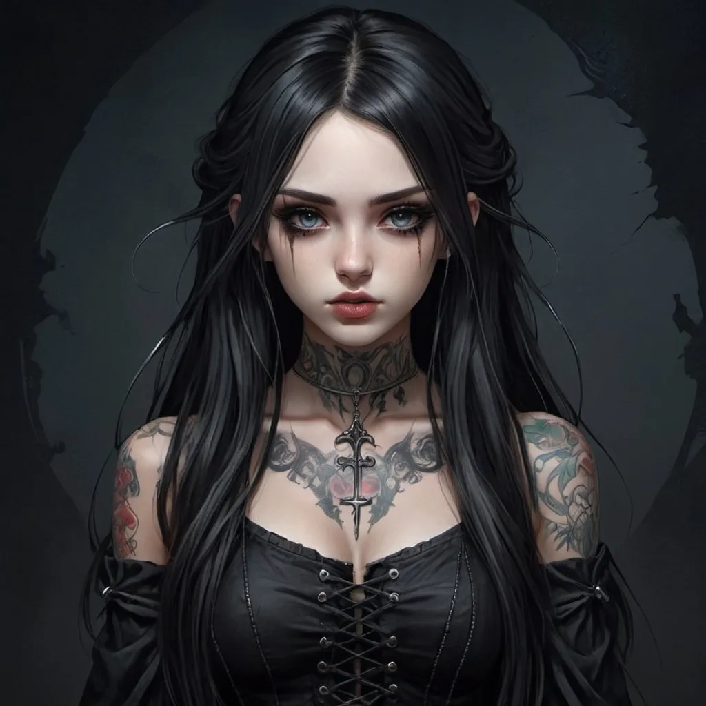 Prompt: Anime gothic girl long  hair broken fantasy art with tattoos realistic dark background  standing fantasy art