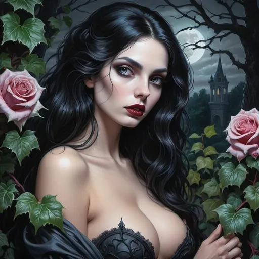 Prompt: Drawing with colored pencils photorealism chic sweet  girl countess entwined with ivy against the backdrop of a dark gloomy rose garden at night pale marbled skin long thick black hair reflecting gray eyes denude naturism. toplesssss. aesthetics of vampirism shimmer, shine Boris Vallejo style ultra details night, cold mohypersexy necrostyle elegantly sensual @bria
v.1.3
# Witch_Northern_Forests