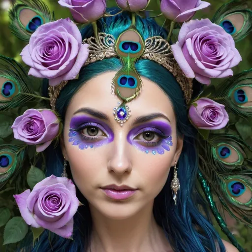 Prompt:  peacock fairy goddess, purple roses, facial closeup