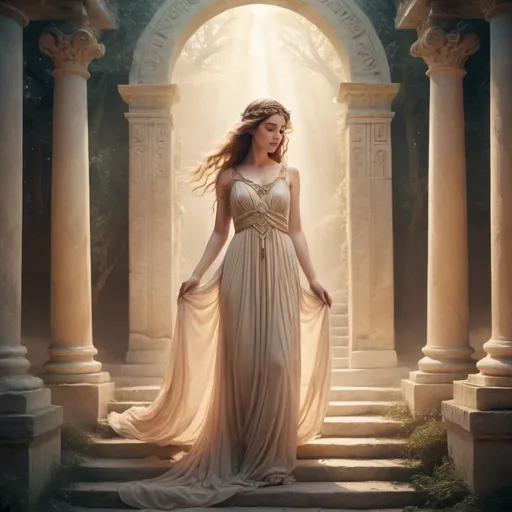 Prompt: Illustration of Ariadne in an ethereal, dreamlike setting, intricate labyrinth background, flowing dress, ancient Greek mythology, mystical atmosphere, soft and warm lighting, high quality, detailed, ethereal, dreamlike, ancient Greek mythology, flowing dress, intricate details, mystical, soft lighting, atmospheric, professional
