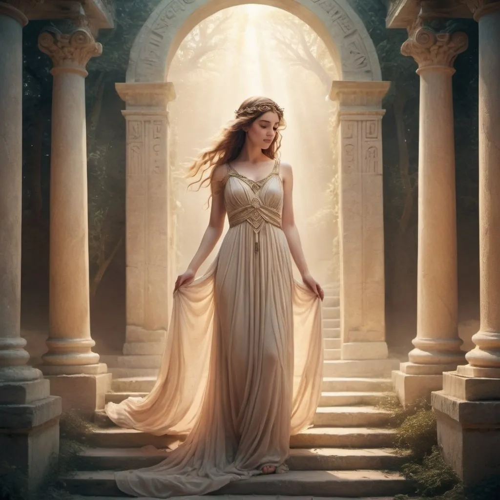 Prompt: Illustration of Ariadne in an ethereal, dreamlike setting, intricate labyrinth background, flowing dress, ancient Greek mythology, mystical atmosphere, soft and warm lighting, high quality, detailed, ethereal, dreamlike, ancient Greek mythology, flowing dress, intricate details, mystical, soft lighting, atmospheric, professional