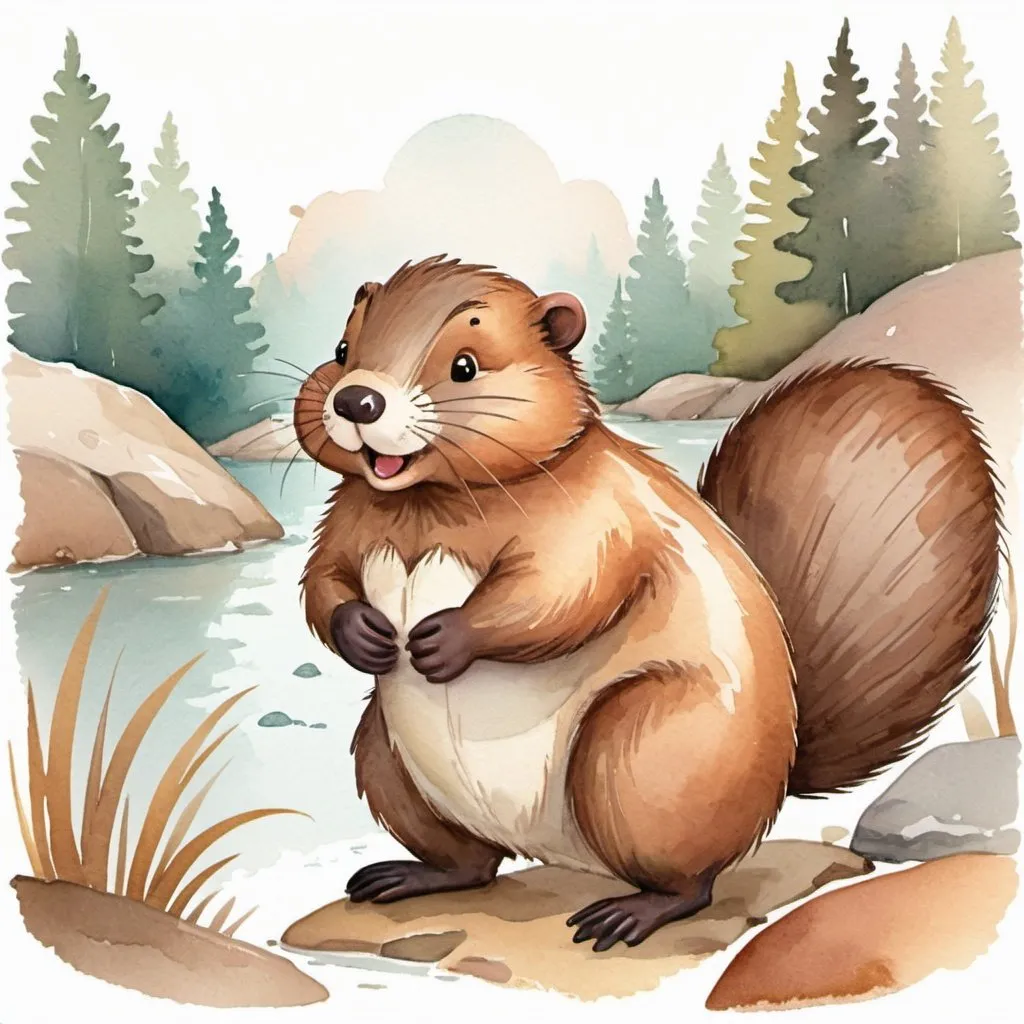 Prompt: strybk, strybk, cute beaver tail showing, kids story book style, muted colors, watercolor style, kids story book style, muted colors, watercolor style