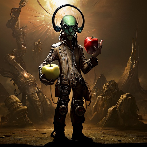 Prompt: Exploding alien steampunk style holding apple ipad in his hands