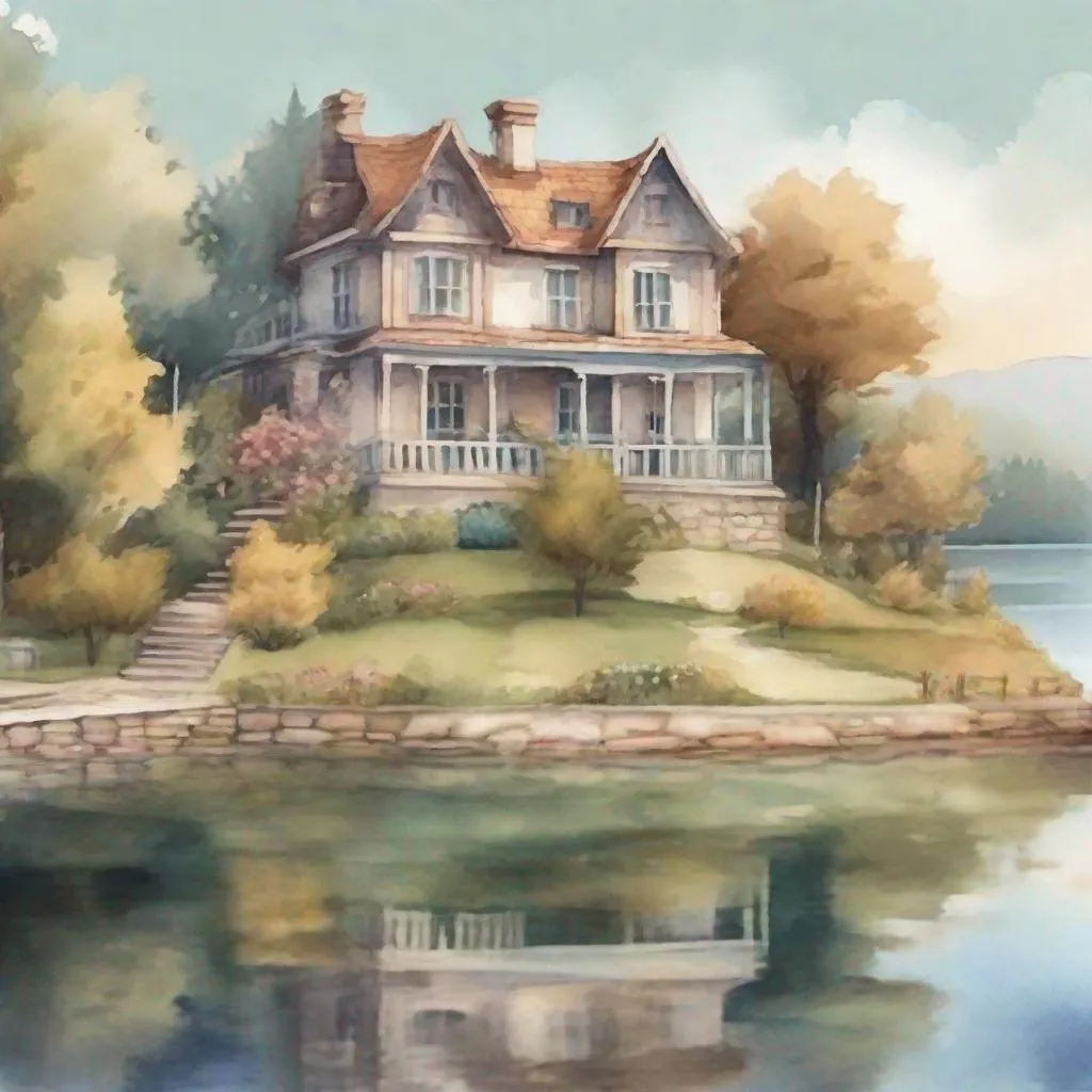 Prompt: strybk, a picture of a beautiful  house with a view of the lake
"A PICTURE like an oil painting", kids story book style, muted colors, watercolor style