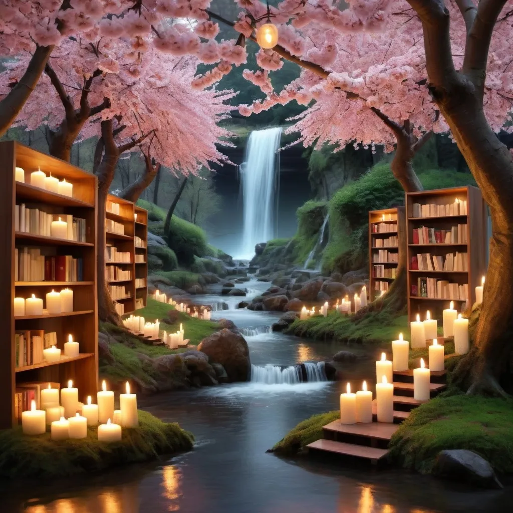 Prompt: A cherry tree forest with bookshelves and fairy lights and candles with a river and waterfall
