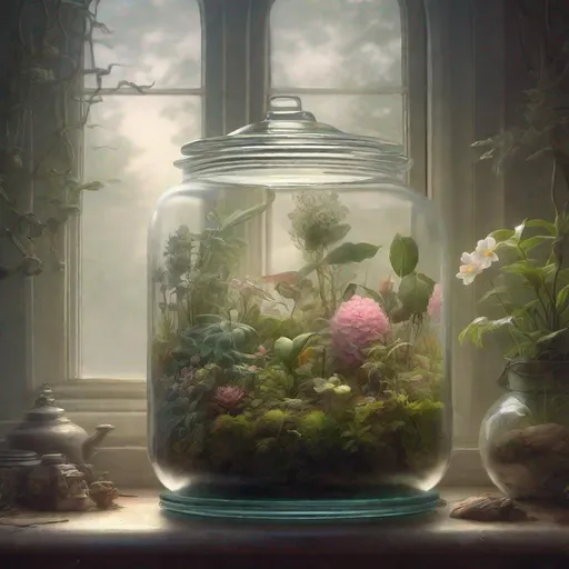 Prompt: Glass jar terrarium, brimming with various blooming plants, captures the essence of a foggy morning, style fused reminiscent of Santiago Caruso, Esao, Tim White, Rosco Brittin, Stanley Artgerm, Kevin Sloan, delicate intricacies, digital painting, resembling ArtStation concept art, elegance rendered with the high precision of Krenz Cushart, Artem Demura, and Alphonse Mucha, dreamlike atmosphere, ultra-realistic, ultra-detailed,