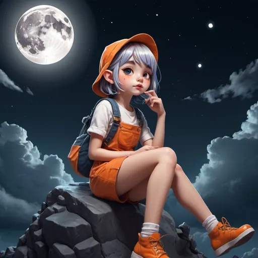 Prompt: Clipart png stunning masterpiecet by en vélo [Youthfulness, synchronicity, psychedelic, Joe Sorren,  de nuit , art blanc and orange avec un portable selfi, clipart PNG 
Pastel, cute  

a detailed well-dressed cute decora chan gnome girl in cyberpunk world sitting and looking up  the moon,  
(((midnight, darken::1.5,  nighttime::1.5, daemonish full moon))), clouds,
 low angle, fisheye, close up, side view, 

extremely high detailed, best quality, masterpiece, never before, 3D, storybook detailed illustration, cinematic, ultra highly detailed, tiny details, beautiful details, mystical, luminism, vibrant colors, complex background, vanishing point, cell shading, 