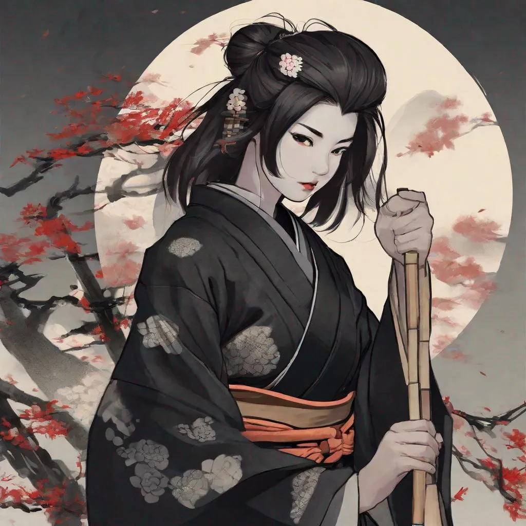 Prompt: Female RONIN wearing a black  kimono      