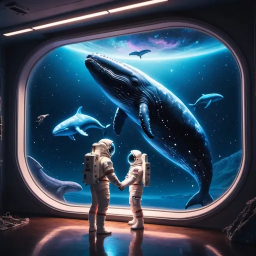 Prompt: An Astronaut in space playing with 2 whales,  milkyway galaxy in background, night , neon lights, happy, Studio Ghibli, telephoto, hyper realistic, photo realistic