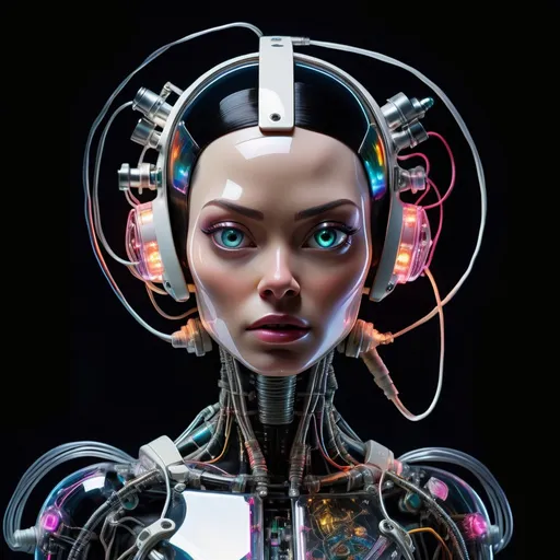 Prompt: portrait Photography, in front of a black wall, a cyborg astronaut woman head without body, connected by cables and wires and LED, an attractive transparent iridescent plexiglass body punk PLC Robots with plexiglass motor head, with ray guns, 80 degree view, art by Sergio Lopez , Natalie Shau, James Jean and Salvador Dali