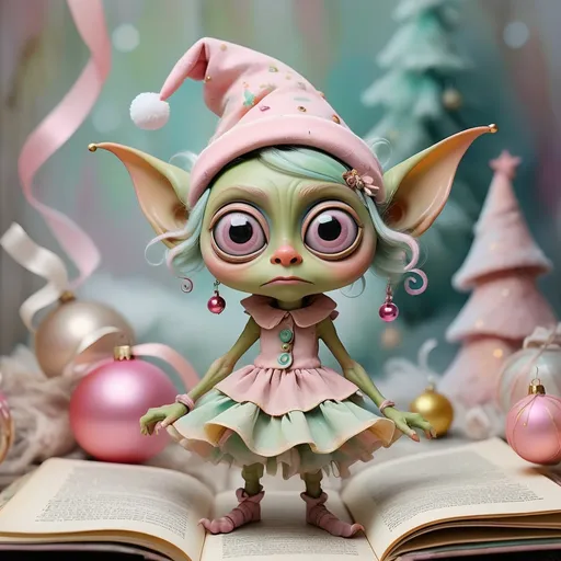 Prompt: shabby chic dreamy mist pastel junk journals 
whimsical cute quirky christmas goblin with big eyes in odd clothings, tamara laporte style, 
swirling magical fairytale abstract art style