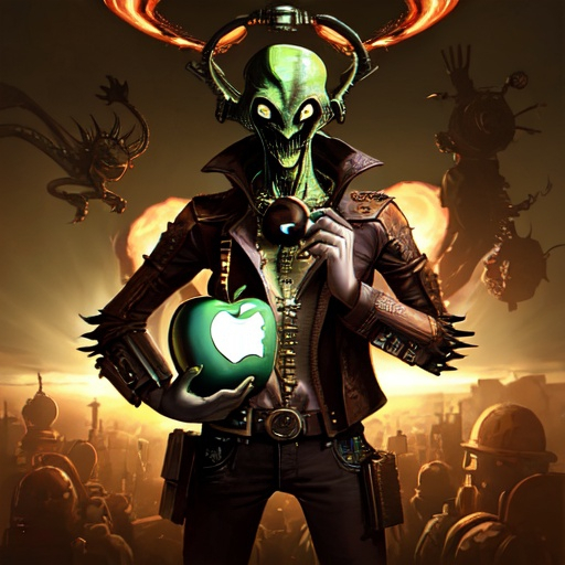 Prompt: Exploding alien steampunk style holding apple ipad in his hands