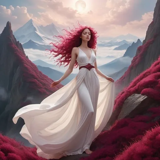 Prompt: Imagine a goddess draped in a gown of pure white, accentuated with touches of deep Amaranth red. Her hair flows like white clouds adorned with Amaranth petals. She embodies both purity and passion, standing atop a celestial mountain surrounded by a luminous aura.