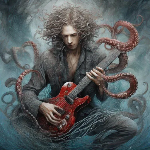 Prompt: art by cameron gray
 karol bak, Seb McKinnon,   
ultra highly detailed, detailed 
digital painting, highly detailed, intricated, intricated pose, clarity, high quality

"The octopus explain tentacles, playing guitar, grey/red, deep sea, weeping willow on the bank, intricately detailed, hyperdetailed, surreal, flowing acrylic  :: fantastical watercolour calligraphy by WLOP"
, ultra hd, realistic, vivid colors, highly detailed, UHD drawing, pen and ink, perfect composition, beautiful detailed intricate insanely detailed octane render trending on artstation, 8k artistic photography, photorealistic concept art, soft natural volumetric cinematic perfect light