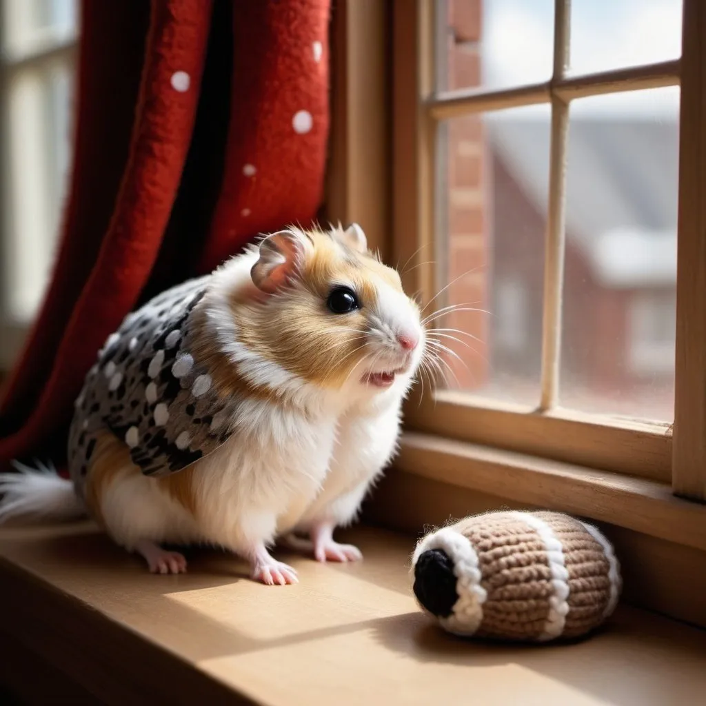 Prompt: Evening scene, hamster with white and gray fur, short tail, perched on windowsill, gazing outside, red cushion with white dots, adjacent, crocheted white wool border, brown owl in flight, visible through window, big eyes capturing hamster's attention, soft natural light, creating a serene atmosphere, photographic style, ultra-realistic, golden hour lighting, soft shadows, attention to texture, fine detail in animal fur and feathers, warm tones, comforting ambience,