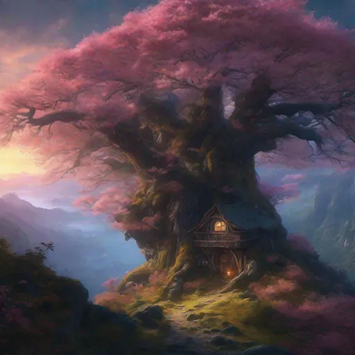 Prompt: ((highly detailed sharp focus 4k UHD wallpaper)) 9:16 breathtaking awe inspiring giant forest at twilight hour, majestic oak trees, Sakura trees, hobbit houses on the cliffside, magical, iridescent, fairycore, mountains in the distance, dramatic foreground framing, art by Stephan Martinière and Liam Wong, Caspar David Friedrich, Jessica Rossier, and Ferdinand Knab.