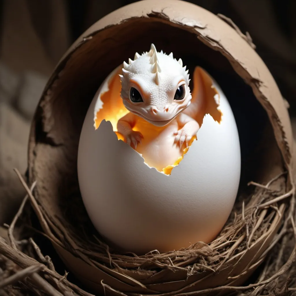 Prompt: new born, little dragon sleeping comfortable inside egg shell, warm, high quality, photo realistic, HD, 8k, homie,  cute,  morning,  nest, ranch, cute, fury, 