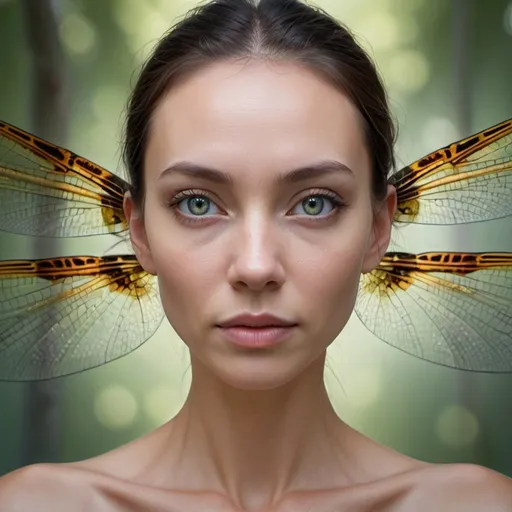 Prompt: Jeff Bark photograph of a beautiful slender woman with dragonfly wings standing and looking at the camera, symmetrical face, high detail, hyper real, dynamic pose
