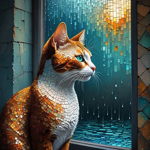 Prompt: Neutral Color, boho, Matte painting, reflections, mosaic, stained glass, light navy and brown, teal and amber, distressed materials, calming effect, natural materials, pointillism, haze, Iwona Lifsches and Catherina Abel figurative art : a cat, AMBIENT rain Broken Glass effect, stunning, something that even doesn't exist, mythical being, energy, molecular, textures, iridescent and luminescent scales, breathtaking beauty, pure perfection, divine presence, unforgettable, impressive, breathtaking beauty, Volumetric light, auras, rays, vivid colors reflects, 