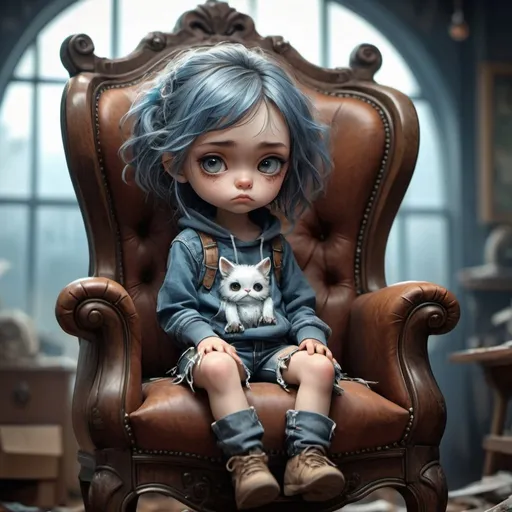 Prompt: A Beautiful adorable sad big chibi eyes 20 year old sitting in a chair Wearing only cut-off jeans, Breathtaking Fantasycore Artwork By Android Jones, Jean Baptiste Monge, Alberto Seveso, Erin Hanson, Jeremy Mann. Intricate Photography, A Masterpiece, 8k Resolution Artstation, Unreal Engine 5, Cgsociety, Octane Photograph