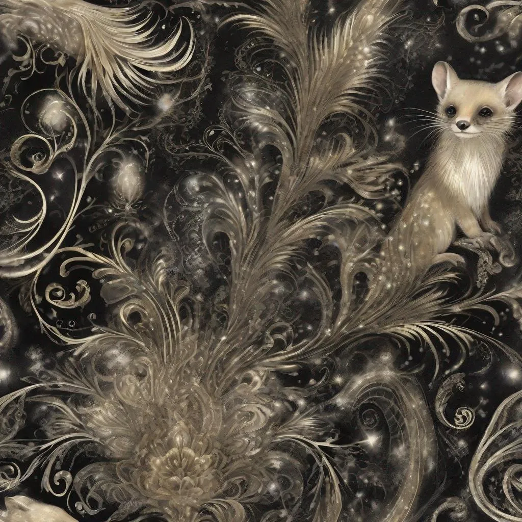 Prompt: fantastically beautiful gothic museum collection of tropical weasel, swirl of sparks, fantasy art, ultra detail, hyperrealism, glitter and shimmer, paisley, floral print, fine details, bokeh and shimmering dust, fog, dark world, paint splatter, black/beige