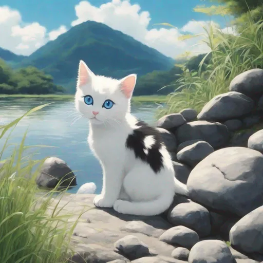 Prompt: Stones on the river bank, a few grasses on a short step, standing a white kitten looking ahead, the kitten's ears are black, the tail is black, the sky is blue with a few white clouds, Japanese Miyazaki Hayao style，8k,