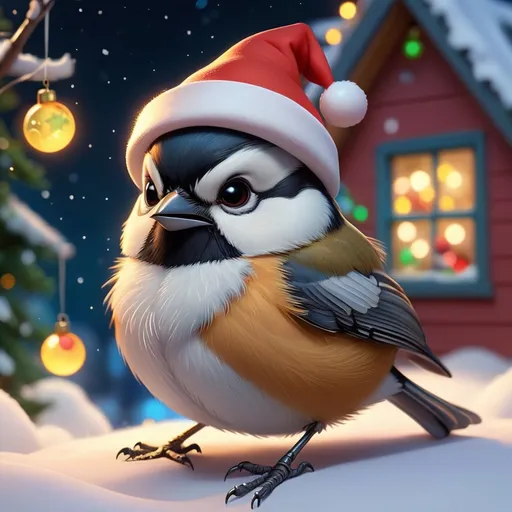 Prompt: Cute Pixar style painting, an adorable chickadee, fat, angry, christmas, midnight, ornaments, window of a house, town, christmas tree, gifts, Santa hat, christmas lights, nebula, galaxy, stars, fireflies, glowing,  snow, soft light, 4k, beautiful 