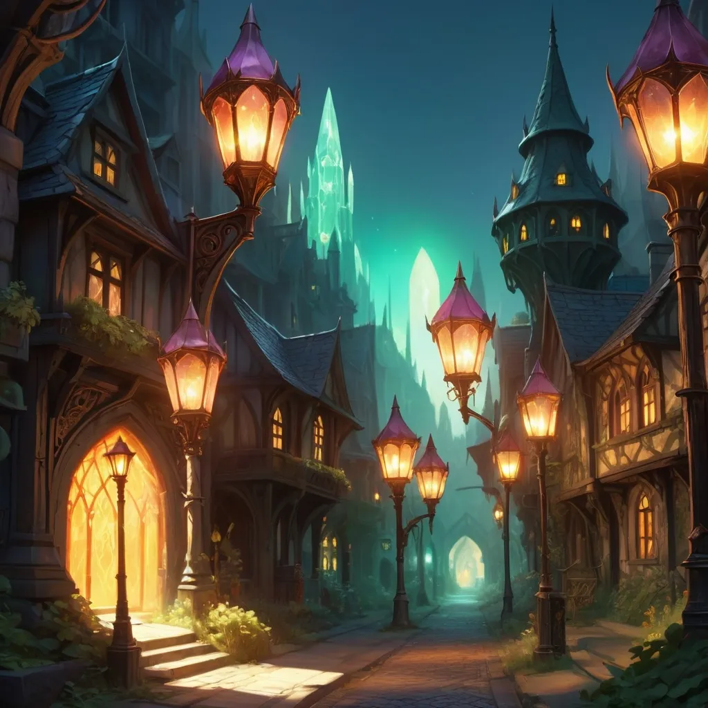 Prompt: Streetlights of iron and crystal in a summer elven city glowing brightly as shadows gather, in spectral art style 
