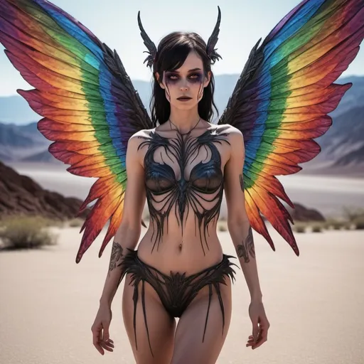 Prompt: dark demonic fairy rainbow wings death valley dark cinematic view realistic lighting detailed line work