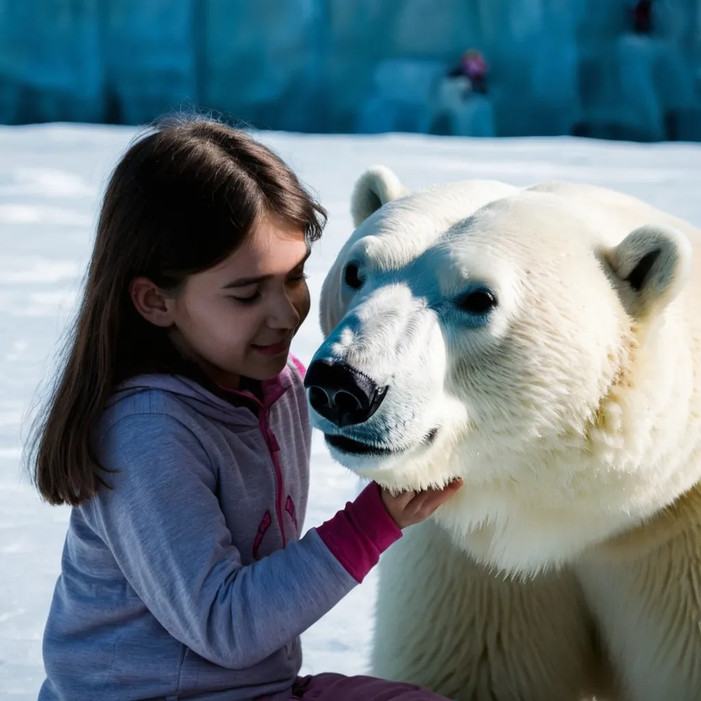 Prompt: a girl petting at polar bear

