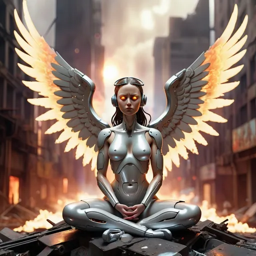 Prompt: 3D liquid metal cyberpunk angel meditating, apocalyptic war scene, high quality, 3D rendering, angelic wings, metallic body, serene expression, glowing eyes, apocalyptic setting, war-torn landscape, destroyed buildings, fiery explosions, menacing atmosphere, cyberpunk style, cool tones, dramatic lighting, futuristic, professional