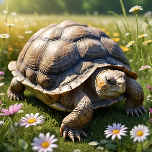 Prompt: 3d,A wise old tortoise slowly wandering through a sunny meadow scene alive with flowers, beautifully detailed plants and textures create an intricate composition celebrating nature, real photo, Miki Asai Macro photography, hyper detailed, trending on artstation, sharp focus, studio photo, intricate details, highly detailed, by greg rutkowski

