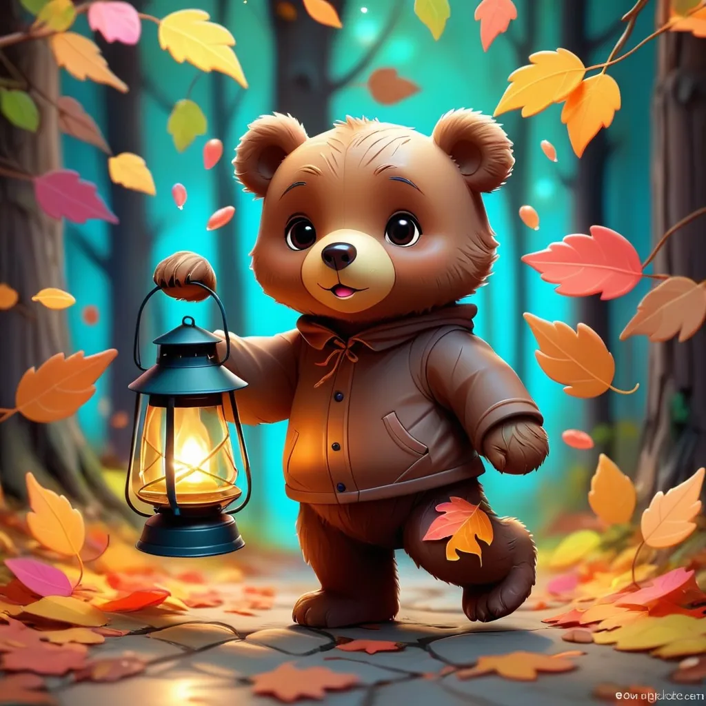 Prompt: Top quality, kawaii style,  cute little bear walking, masterpiece, leaves falling, drawing, bioluminescent outline , colorful , Lantern, Mysterious