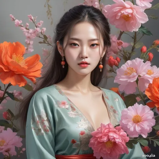 Prompt: Kim Soo-ja, realistic description, flowers, breathtaking beauty, mesmerizing masterpieces, textures and details Highly refined digital painting, perfect composition, vivid colors, ultra-fine resolution, by Sooja