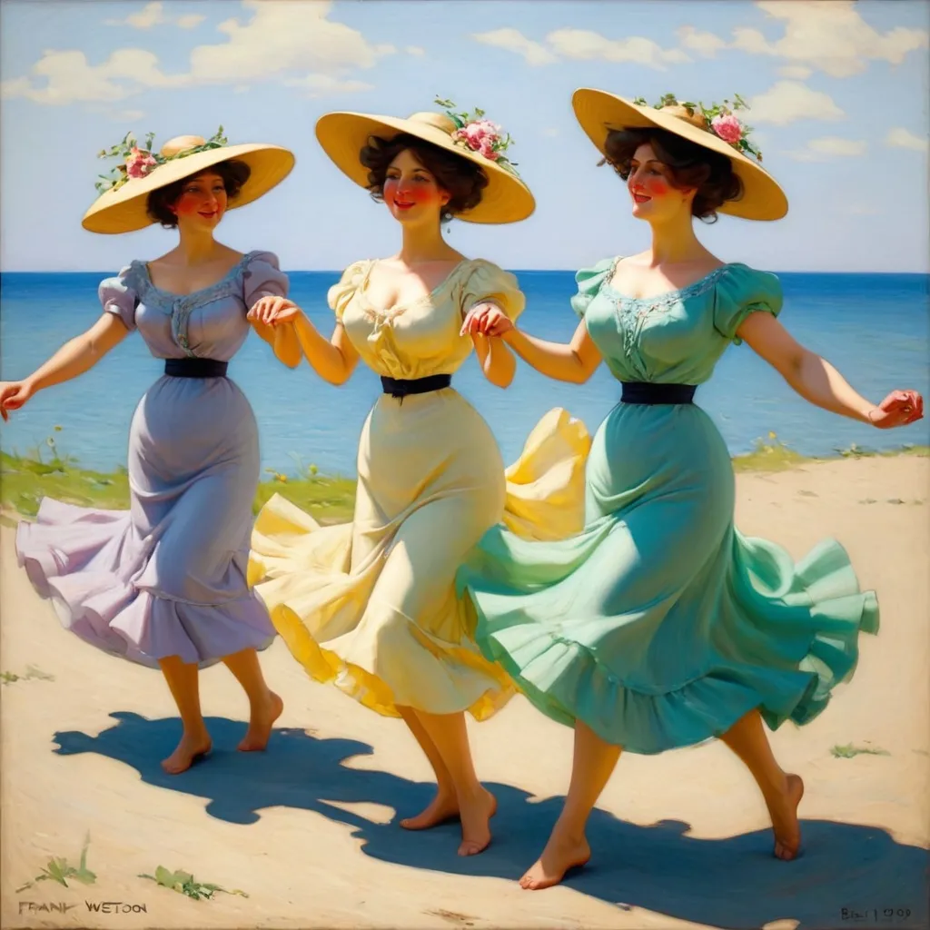 Prompt: “Dancing MILFs, Summer, 1909” painted by Frank Weston Bendon, 1909, oil on canvas, American impressionist 