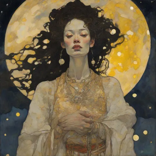 Prompt: Midsoma Schiele - Wyeth - Waterhouse Style Detailed Illustration Of The Goddess Of Stars Wearing ornate Thai dress, Mysterious And Charming, Metaphysical Symbolism, Enlightenment, Baroque Ukiyo Art, Wlop , A Yellow Moon, Cloudy Night, Suspension, Ominous, Landscape, Elaborate starry night, Dynamic Lighting Hyperdetailed Intricately Detailed Full-Color Cityscape, Oil On Canvas ,thai face, portrait, Embarrassed Expression, Martine Johanna, hyperdetail, realistic,