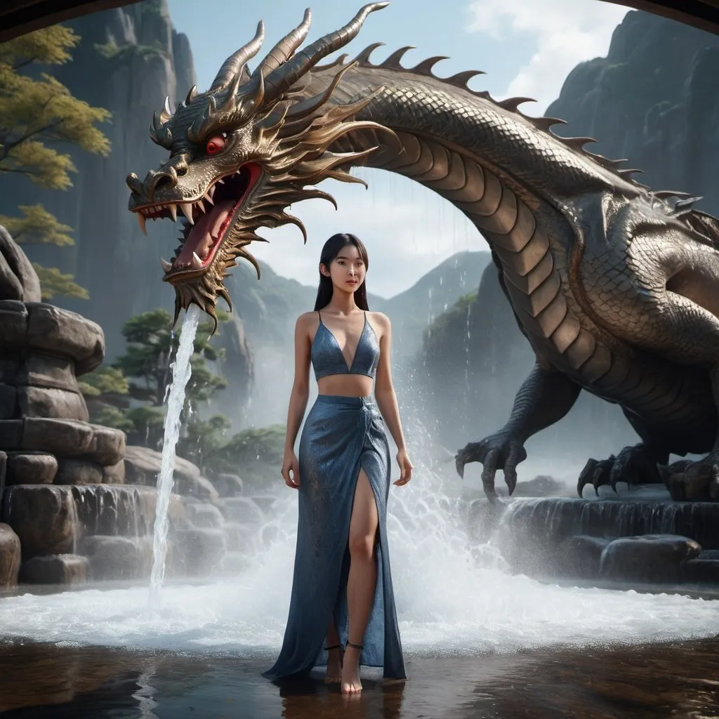 Prompt: a beautiful lady standing in front of a dragon with water pouring, in the style of gongbi, mysterious backdrops, unreal engine 5, smooth and curved lines, photo-realistic --ar 61:128 --s 750 --v 5.2