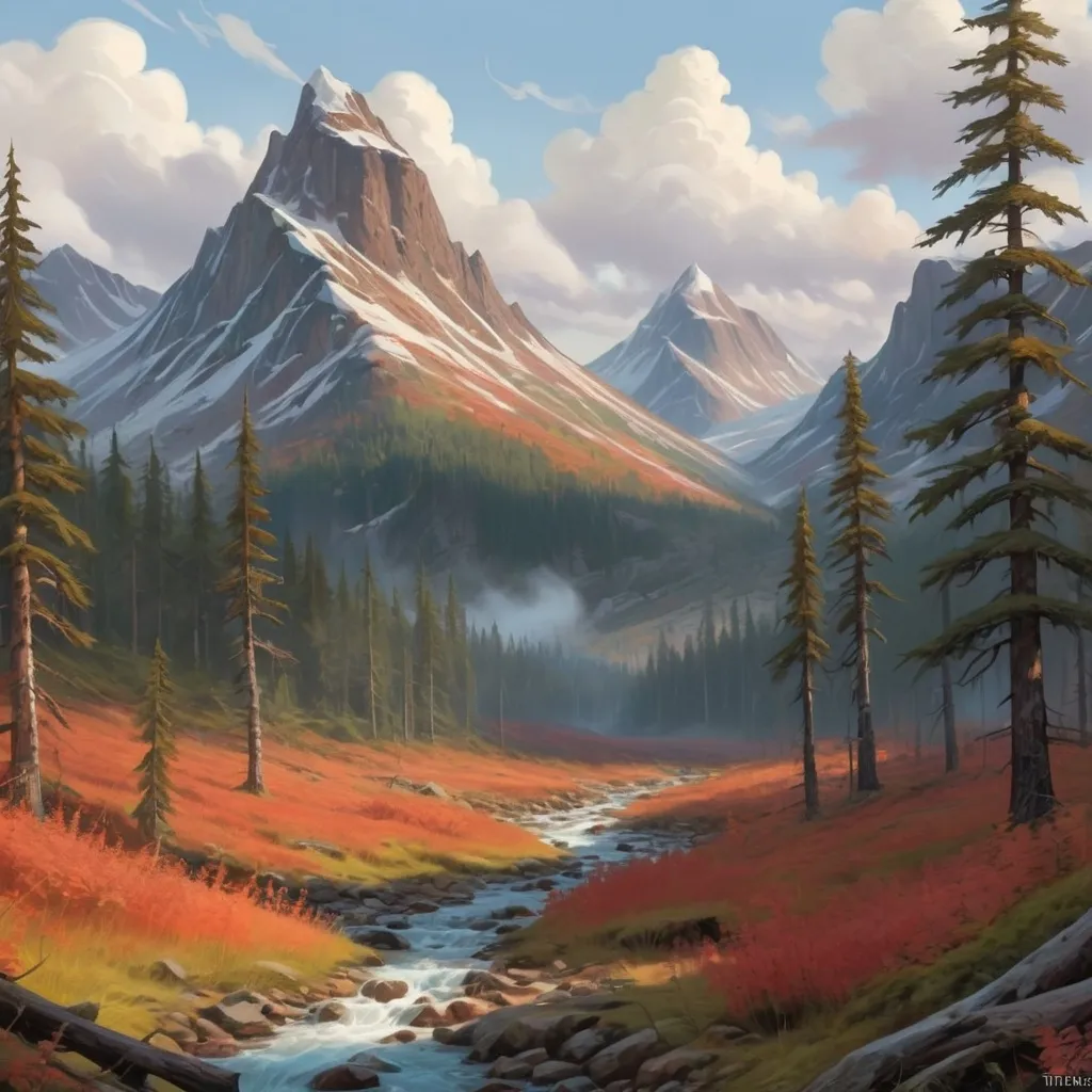 Prompt: taiga landscape, mountains, northern forest, artistic, magic the gathering art style