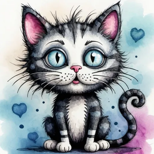 Prompt: 
A funny comic cartoon cat in the style of Tim Burton in a mixed style of watercolor, ink + felting effect of wool felting sends kisses and love to everyone.
super-detailed image, photorealism, sketching effect
interesting 3d doodling background spring
600 dpi 