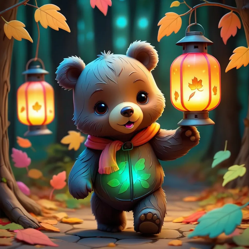 Prompt: Top quality, kawaii style,  cute little bear walking, masterpiece, leaves falling, drawing, bioluminescent outline , colorful , Lantern, Mysterious