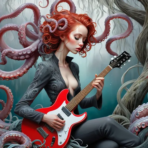 Prompt: art by cameron gray
 karol bak, Seb McKinnon,   
ultra highly detailed, detailed 
digital painting, highly detailed, intricated, intricated pose, clarity, high quality

"The octopus explain tentacles, playing guitar, grey/red, deep sea, weeping willow on the bank, intricately detailed, hyperdetailed, surreal, flowing acrylic  :: fantastical watercolour calligraphy by WLOP"
