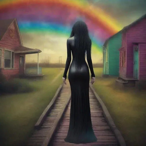 Prompt: asymmetrical landscape of small town america, a lone gothgodgirl figure in a LONG black bodythong stands on a narrow, rainbow boardwalk path, bright, unusual, dirty, surrealist, dripping, surreal, cute, elegant, beautiful, smooth textured, surrealism, surrealist, deep vivid colors, nicoletta ceccoli, rich color contrast, sinister, stunning, shock hair, masterpiece, john bauer