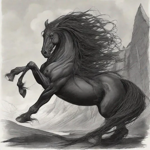 Prompt: The entity, similar to a fairy, lives in rocky mountains, by riverbanks, desolate places, and stables. It has backward feet, takes on the form of a witch, with tangled and matted red hair, typically wearing a long red dress, and is depicted braiding a majestic, frightening, strong and huge black horse's tail.