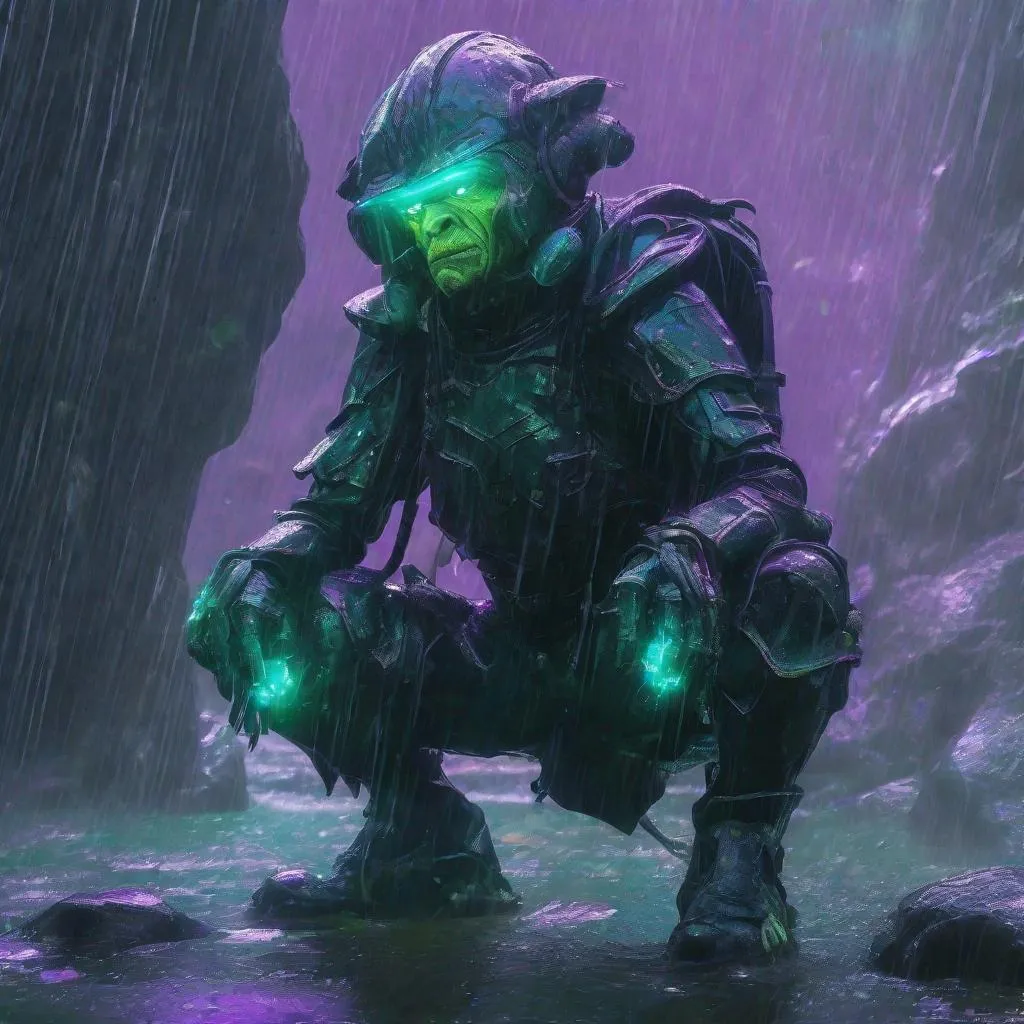 Prompt: Double exposure; glossy grizzled goblin warlock teal-colored mottled skin, crouching beneath armored helmet, in heavy rain, futuristic exosuit various poses, expressions, waterfalls, intense blacks, exposed_rocks with black layer; waxy_purple_amber_green , detailed, futuristic, photorealistic, maximalist; Makoto Shinkai, J.C. Leyendecker, ilya Kuvshinov, Royo, Karol Bak, Alphonse Mucha, Jordan Grimmer, Greg Rutkowski