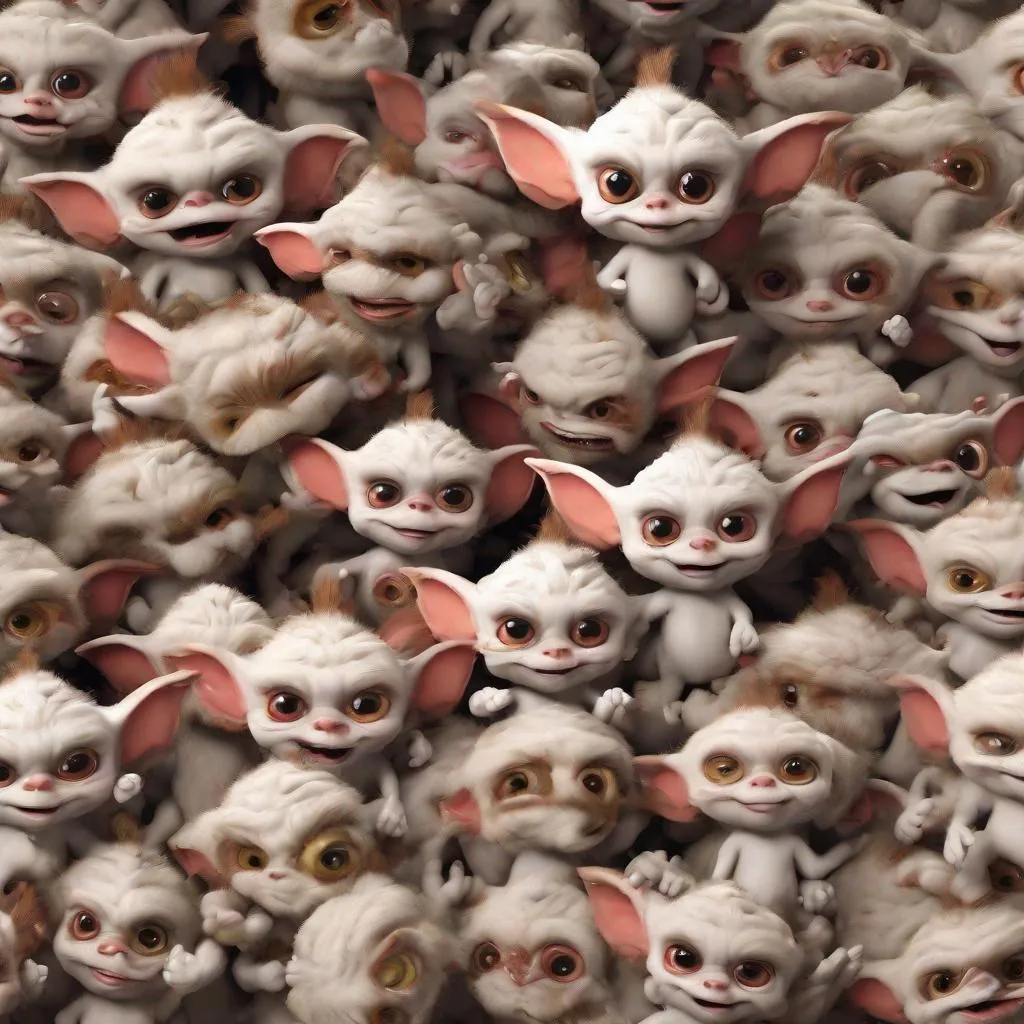 Prompt: 3d effect of cute baby gremlins play around causes the room to be very messy in an overall pattern, the faces of the gremlins are covered in paint, cartoon and claymation style, unreal engine render, 8k, intricate details