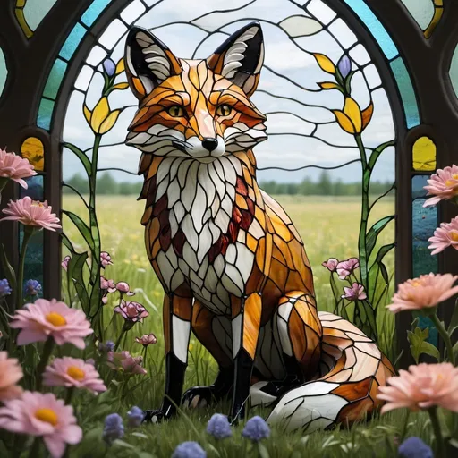 Prompt: Stained glass fox standing in a field of flowers , trending on artstation, sharp focus, studio photo, intricate details, highly detailed, by greg rutkowski