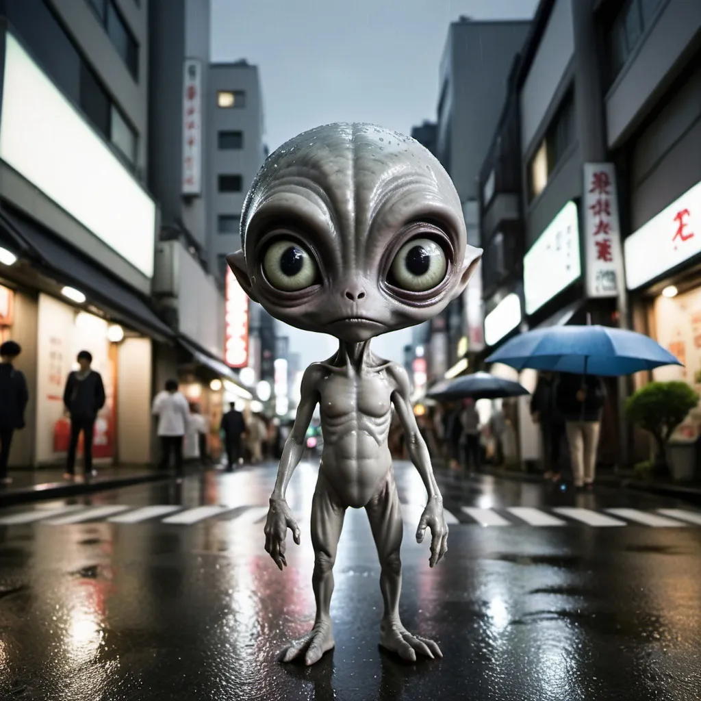 Prompt: very cute, realistic grey alien standing in the street of Tokyo, raining, unsettling, wide angle, night time, shot on Leica
