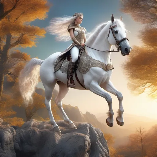 Prompt: Elf princess on a majestic white horse, breathtaking view, realistic,, ultra hd, realistic, vivid colors, highly detailed, UHD drawing, pen and ink, perfect composition, beautiful detailed intricate insanely detailed octane render trending on artstation, 8k artistic photography, photorealistic concept art, soft natural volumetric cinematic perfect light