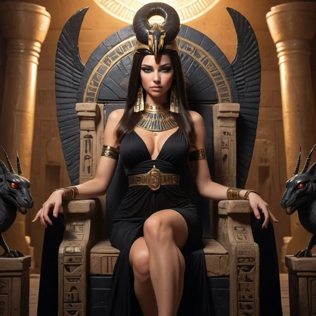 Prompt: The Egyptian goddess c is a brunette in a black dress, a villainess sitting on a throne with scorpions